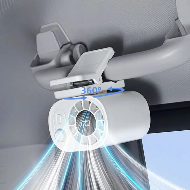 Hipacool clip fan mounted on car handlebar showing 360 degree rotation.