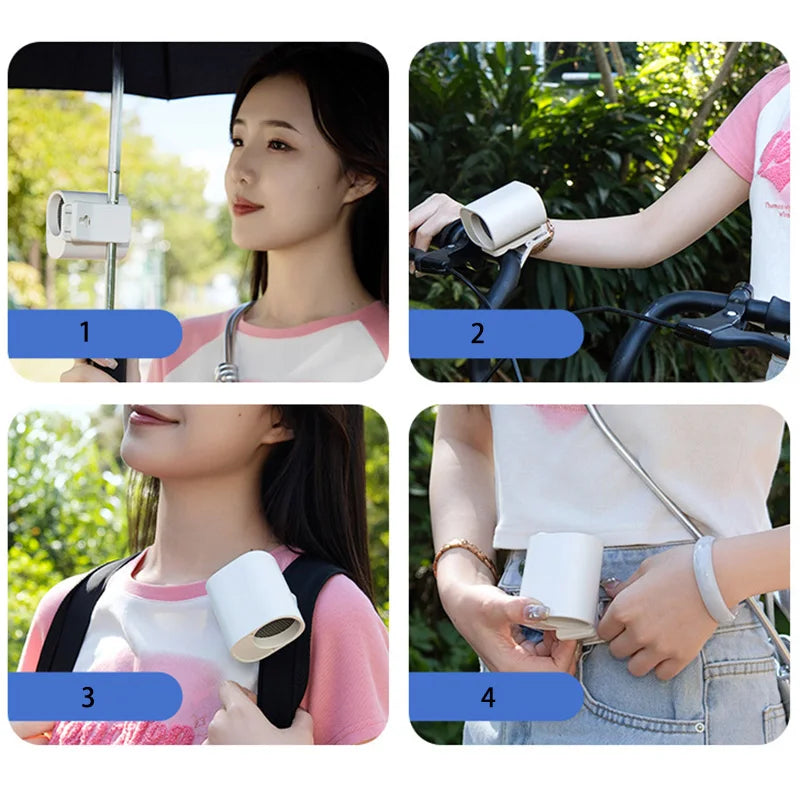 Hipacool clip fan shown attached to umbrella, bike handlebar, backpack strap and jeans waistband.