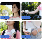 Hipacool clip fan shown attached to umbrella, bike handlebar, backpack strap and jeans waistband.
