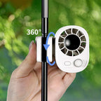 Hipacool clip fan mounted on pole showing 360 degree rotation range.
