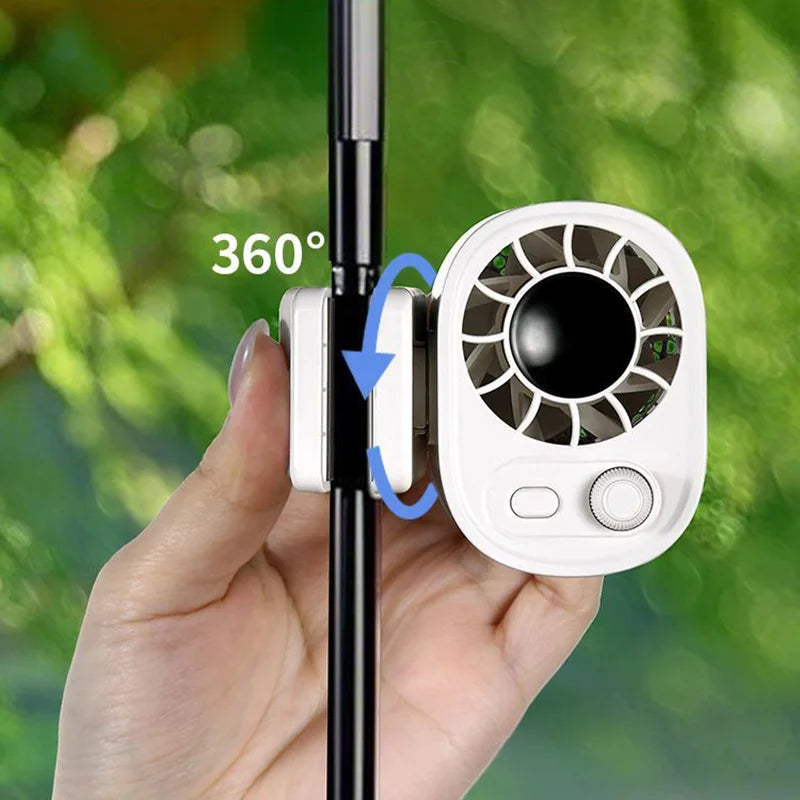 Hipacool clip fan mounted on pole showing 360 degree rotation range.